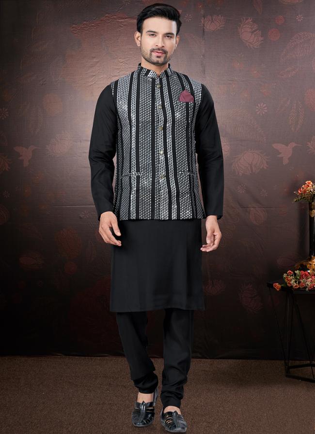 Pure Silk Black Traditional Wear Mirror Work Readymade Modi Jacket Kurta Pajama